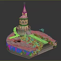Cartoon Scene Featuring Pink Spire Tower Water Area Small Boat Bridge And Green Plants