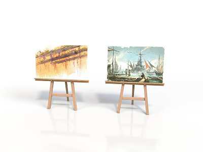 Wooden Easels Displaying Landscape And Seascape Paintings With Bridge Scene And Sailing Ships 3d model