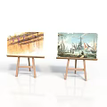 Wooden Easels Displaying Landscape And Seascape Paintings With Bridge Scene And Sailing Ships