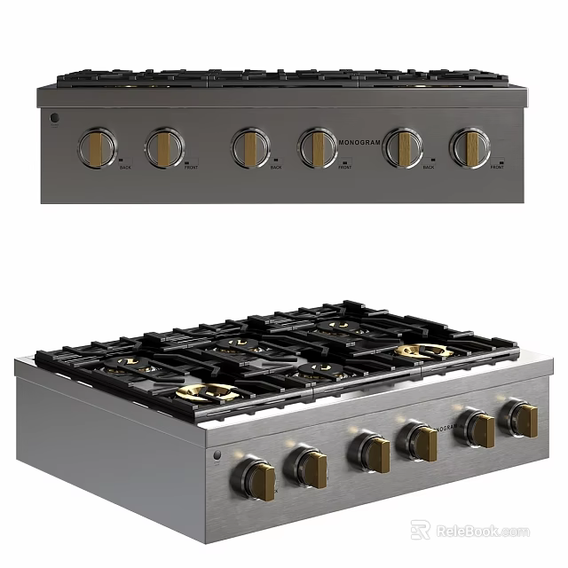 Stainless Steel Gas Cooktop With Multiple Burners And Gold Accent Knobs 3d model