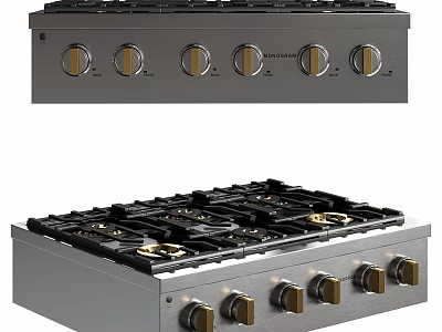 Stainless Steel Gas Cooktop With Multiple Burners And Gold Accent Knobs 3d model