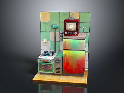Vintage Miniature Room With Green And Yellow Tiled Wall Retro TV Refrigerator And Stove 3d model