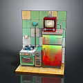 Vintage Miniature Room With Green And Yellow Tiled Wall Retro TV Refrigerator And Stove