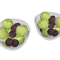 Transparent Ceramic Bowls Containing Fresh Green Custard Apples And Purple Plums
