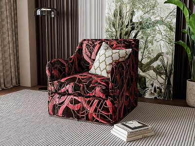 Stylish Red Black Leaf Print Velvet Accent Chair with Geometric Pillow on Striped Rug 3d model