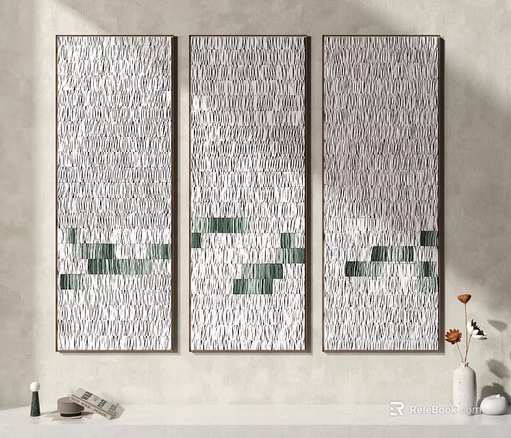 Three Panel Abstract Wall Art With Gray White Texture And Green Square Accents 3d model
