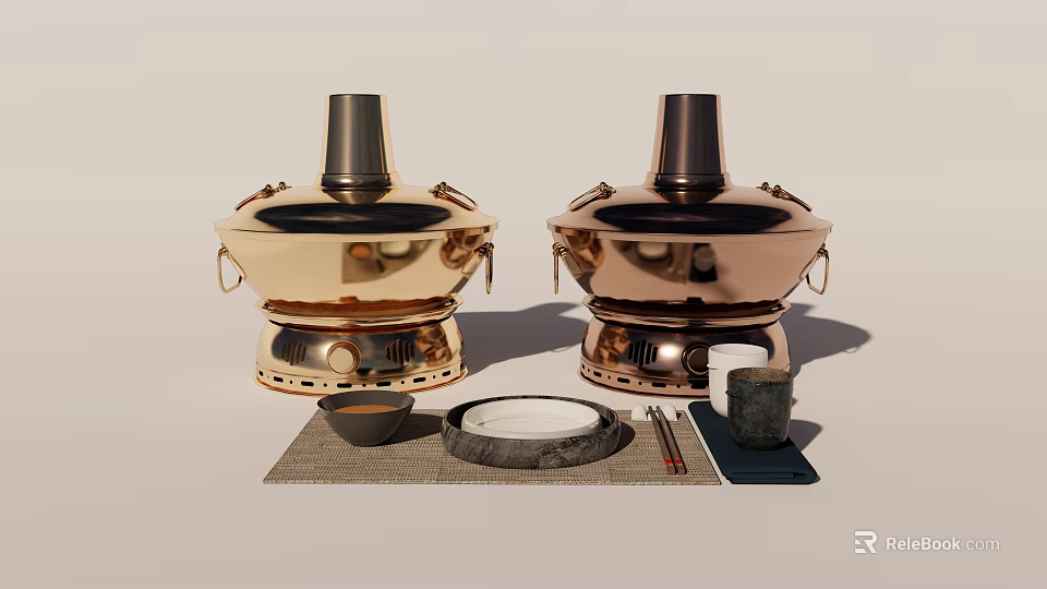 Traditional Style Gold Copper Hot Pot Cookware with Serving Bowl Plate Chopsticks Cup and Mat 3d model 