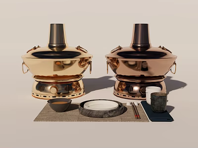 Traditional Style Gold Copper Hot Pot Cookware with Serving Bowl Plate Chopsticks Cup and Mat 3d model