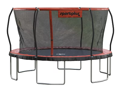 Outdoor Round Trampoline Sports Equipment With Red Frame Black Safety Net And Metal Legs 3d model