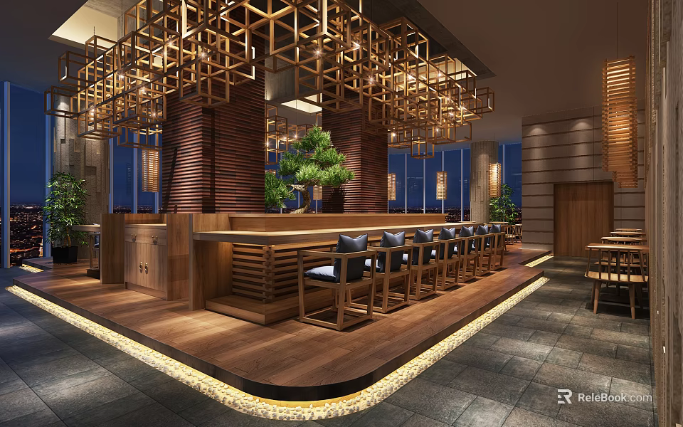 Modern Asian Restaurant Interior With Wooden Lattice Ceiling Bar Counter High Stools And Green Plants 3d model 