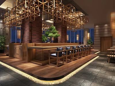 Modern Asian Restaurant Interior With Wooden Lattice Ceiling Bar Counter High Stools And Green Plants 3d model