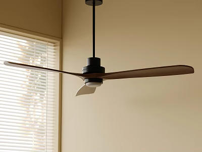 Modern Ceiling Fan with Light Wooden Blades and Black Downrod in Room with Window Blinds 3d model