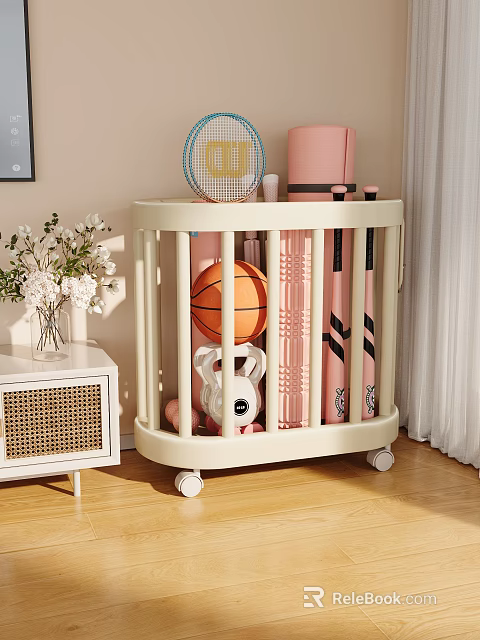 Beige Mobile Storage Rack for Kids Room with Basketball Rabbit Plush and Toys 3d model 