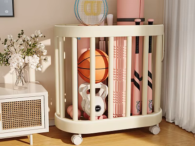 Beige Mobile Storage Rack for Kids Room with Basketball Rabbit Plush and Toys 3d model