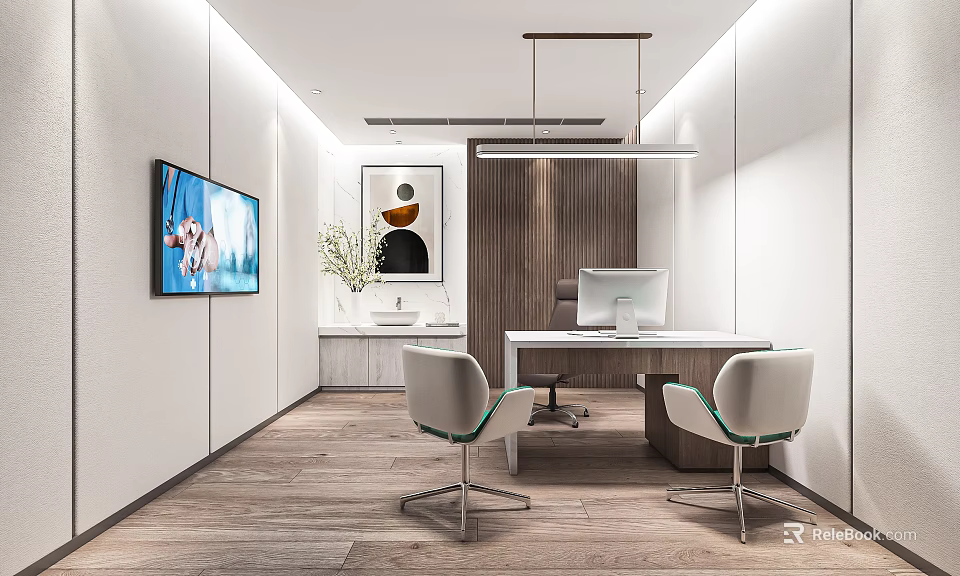 Hospital Outpatient Clinic Interior With TV Painting Sink Desk Computer And Green Accent Chairs 3d model 