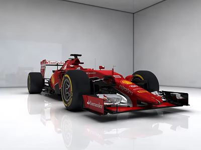 Red Formula 1 Race Car with Shell Sponsorship Logo in White Studio with Reflective Floor 3d model