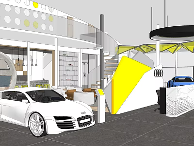 4S Store Modern Showroom Featuring White Audi Car Yellow Structure And Staircase 3d model