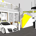 4S Store Modern Showroom Featuring White Audi Car Yellow Structure And Staircase