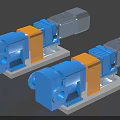 Industrial Blue And Yellow Pumps With Silver Motors On Gray Bases