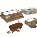 Stylish Bathtub Designs With Wooden Steps Marble Accents Brown Finish And Decorative Plants
