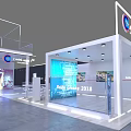 Modern Exhibition Booth Design Featuring White Frame Illuminated Lines Company Logo Stairs And Display Screens