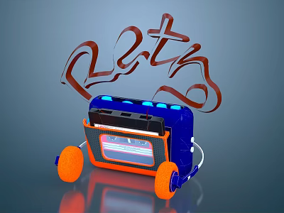 Retro Blue And Orange Audio Speaker With Tape Player And Brown Musical Note Decorative Lines 3d model