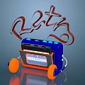 Retro Blue And Orange Audio Speaker With Tape Player And Brown Musical Note Decorative Lines