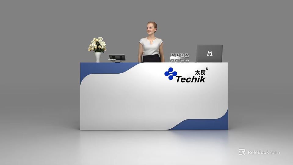 Modern Techik Reception Desk With Blue White Design Flower Vase And Laptop 3d model 