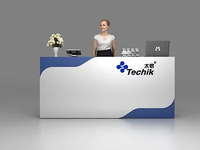 Modern Techik Reception Desk With Blue White Design Flower Vase And Laptop 3d model