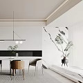 Modern Restaurant Interior With White Dining Table Mixed Chairs Black Pendant Lights Green Plant