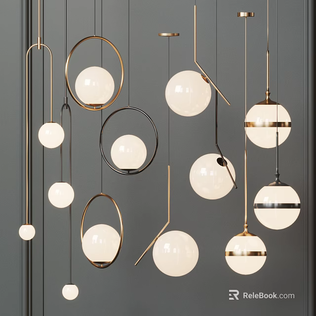 Modern Design Hanging Chandeliers With Spherical Shades And Metal Frames On Gray Wall 3d model 