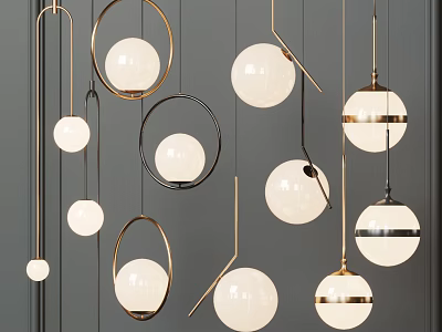 Modern Design Hanging Chandeliers With Spherical Shades And Metal Frames On Gray Wall 3d model