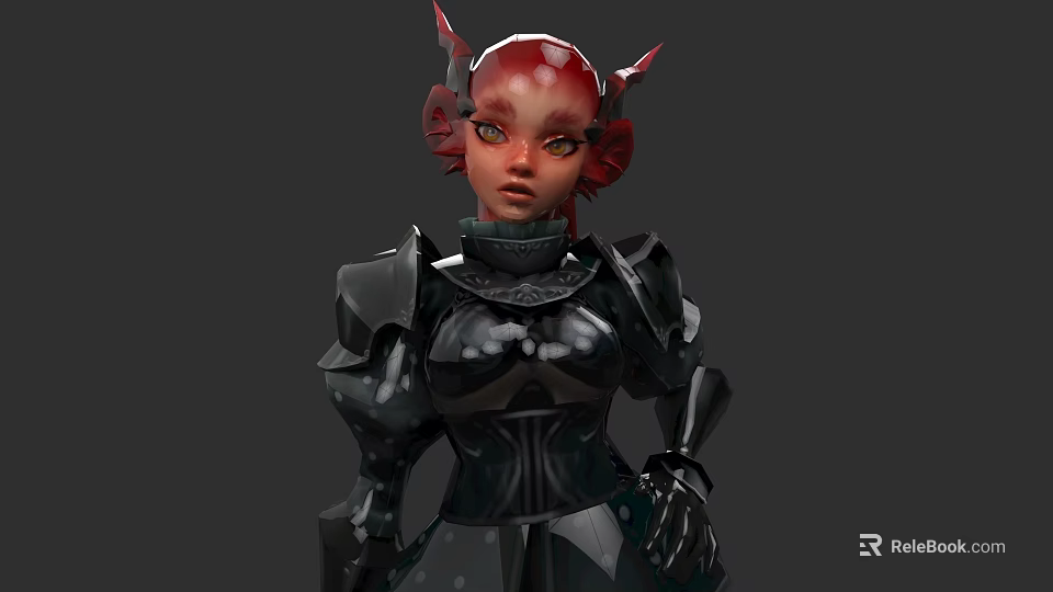 Woman With Red Hair And Horns In Black Armor Fantasy Character Design 3d model 