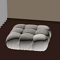 Beige Square Cushioned Stool on Wooden Floor With Striped Light Shadows and White Curtains