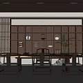Minimalist Chinese Style Tea Room With Wooden Long Table Chairs And Lighting Bookshelf