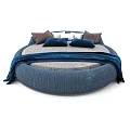 Stylish Round Bed Interior Design With Gray Mattress Blue Blanket And Assorted Pillows