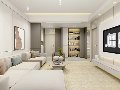 Modern Hotel Guest Room Interior With Comfortable Sofa TV Wall And Bookshelf 3d model