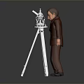 3D Model of Brown Suit Figure Standing By White Tripod With Device