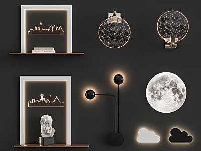 Various Artistic Wall Lamps Featuring City Skyline Moon Shape And Cloud Decor 3d model