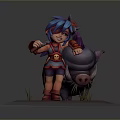 Blue Haired One Eyed Character With Weapon Standing By Purple Pig Like Creature
