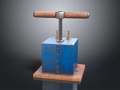 Vintage Computer Device With Blue Metal Case Wooden Handle Base And Metal Knobs 3d model