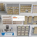 Retail Store Interior With Organized Storage Shelves Stacked Boxes And Checkout Counter 3d model