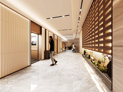 Modern Luxury Elevator Corridor With Polished Marble Flooring Warm Ambient Lighting And Tasteful Greenery 3d model
