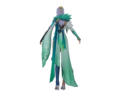 Anime Game Character With Purple Hair Green Blue Robe Feather Decorations And Flowing Long Dress 3d model