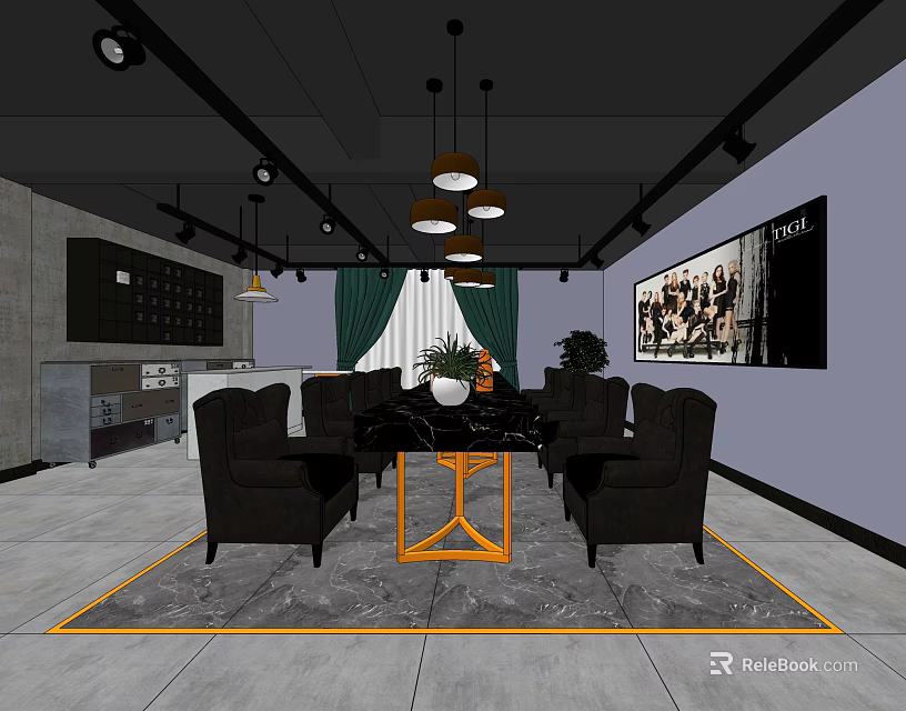 Stylish Lounge Interior Design With Dark Chairs Black Table Orange Legs Gray Carpet And Artwork 3d model 
