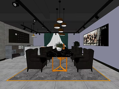 Stylish Lounge Interior Design With Dark Chairs Black Table Orange Legs Gray Carpet And Artwork 3d model
