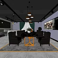 Stylish Lounge Interior Design With Dark Chairs Black Table Orange Legs Gray Carpet And Artwork