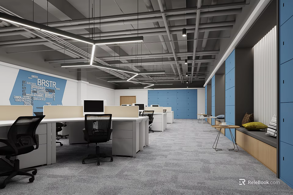 Modern Public Office Space With Open Workstations Blue Walls Gray Carpet And Hanging Lights 3d model 