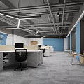 Modern Public Office Space With Open Workstations Blue Walls Gray Carpet And Hanging Lights