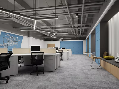 Modern Public Office Space With Open Workstations Blue Walls Gray Carpet And Hanging Lights 3d model